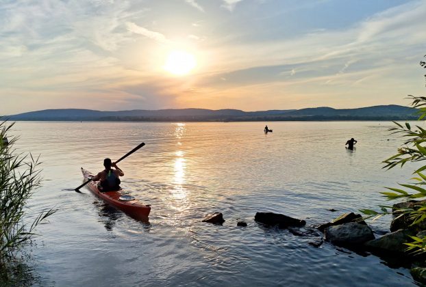 Balaton, Sajkodi strand, nyár, nyaralás, strand, kenu, naplemente, hattyú, turizmus